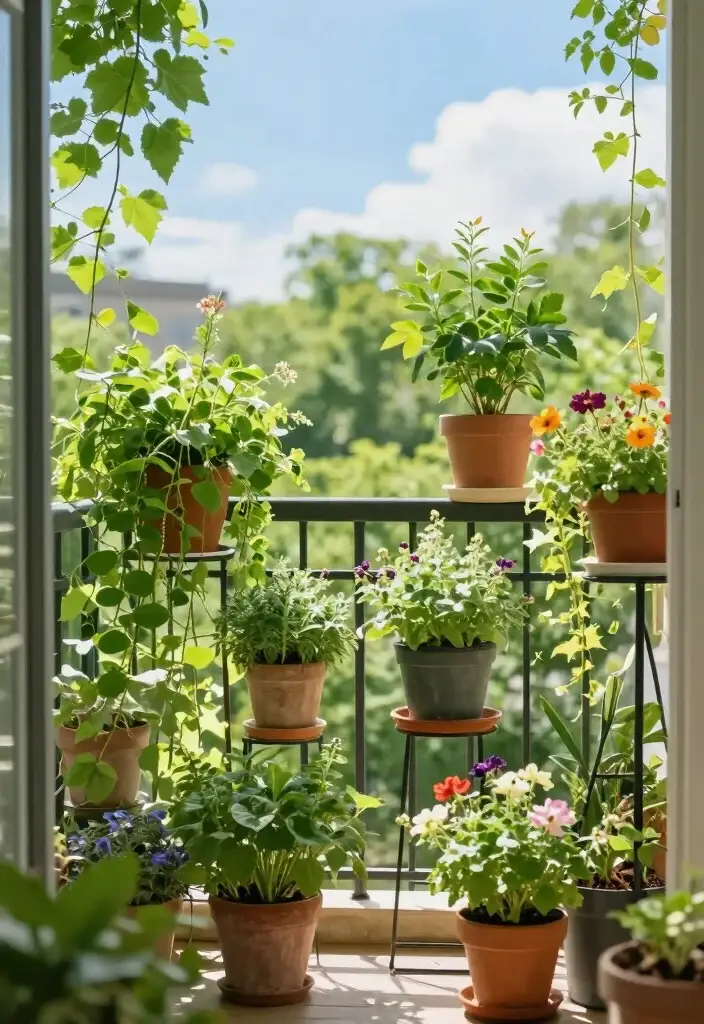 تزیین بالکن با استفاده از گلدان های زیبا و سرسبز cozy-small-balcony-seating