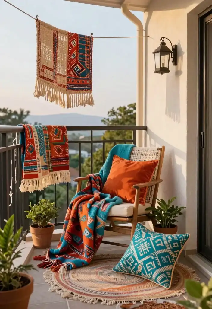 تزیین بالکن کوچک با کوسن و مبل رنگی small-balcony-decor-ideas