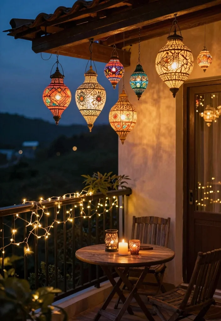 تزیین بالکن با چراغ های رنگی زیبا small-balcony-outdoor-rug