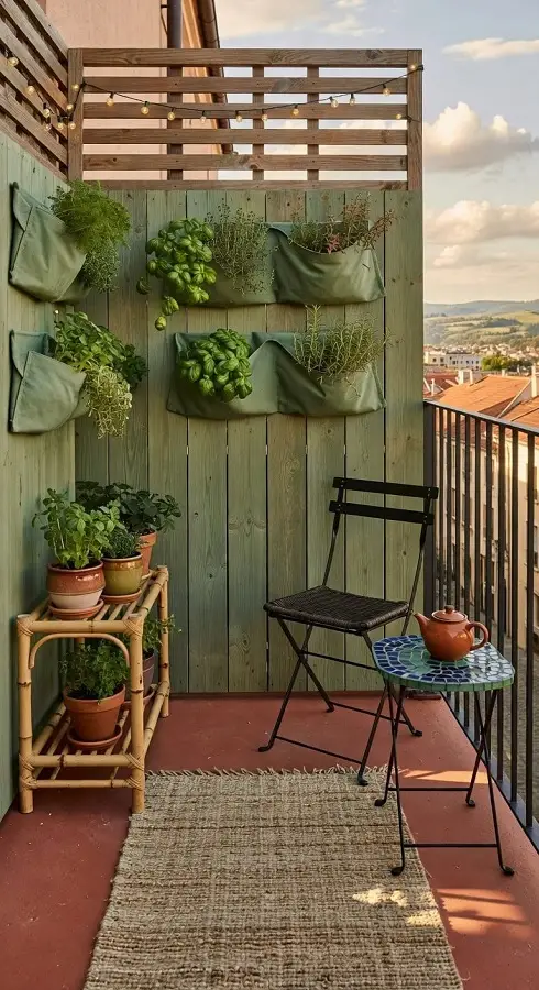 تزیین بالکن با ایجاد دیوار سبز small-balcony-storage-bench