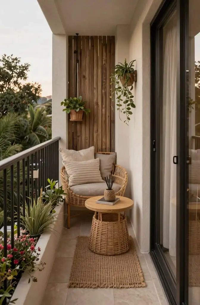 تزیین با مبلمان و میز حصیری small-balcony-wicker-baskets